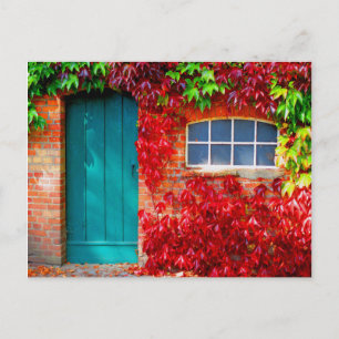Scenic Turquoise Door with Vivid Autumn Leaves Postcard