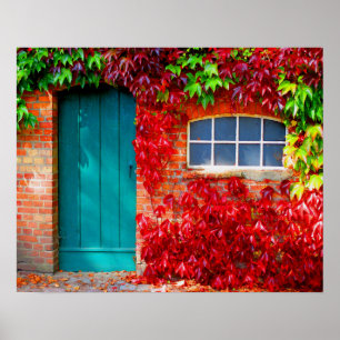 Scenic Turquoise Door with Vivid Autumn Leaves Poster