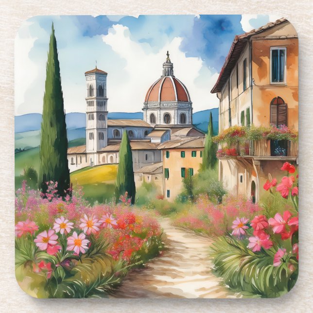 Scenic Tuscan Landscape Watercolor Painting Beverage Coaster (Front)