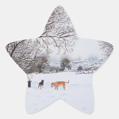 scenic veiw of dogs in snow landscape with trees star sticker