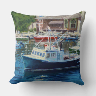 Scenic View of Fishing Boats Moored Rockport Throw Pillow