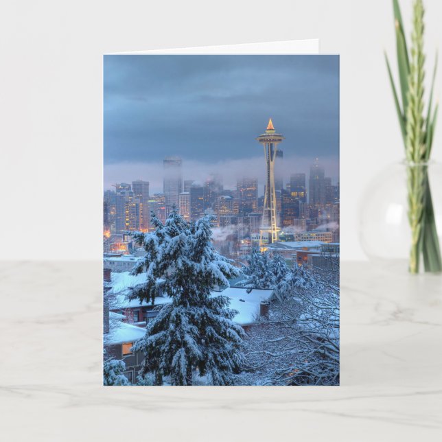 Scenic View of Snowy Seattle Holiday Card (Front)