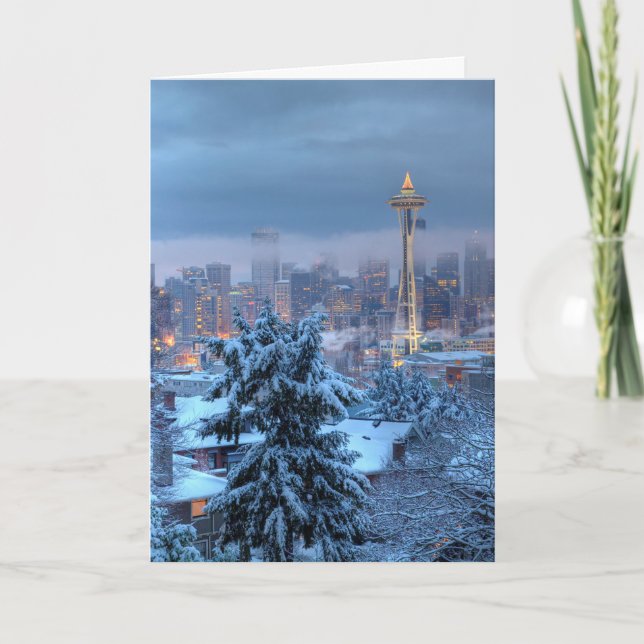 Scenic View of Snowy Seattle Holiday Card (Front)
