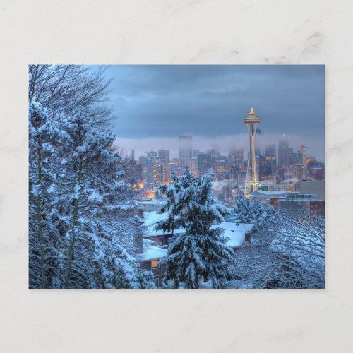 Scenic View of Snowy Seattle Holiday Postcard