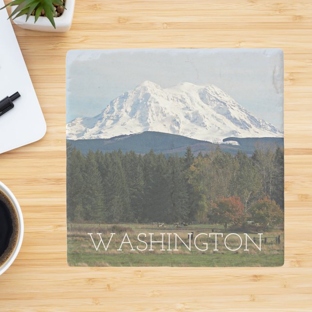 Scenic Washington Mount Rainier Landscape Stone Coaster (In Situ)