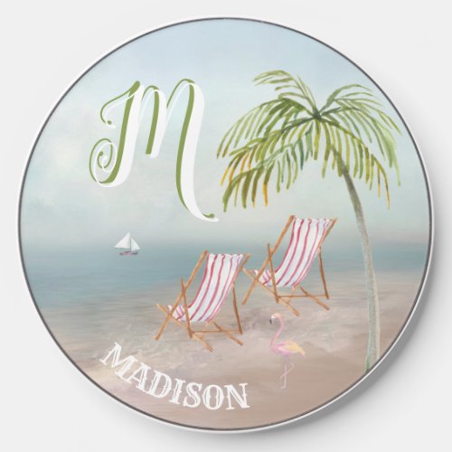 Scenic Watercolor Beach Palm Tree Monogram Name  Wireless Charger