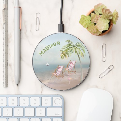 Scenic Watercolor Beach Palm Tree Name Wireless Charger
