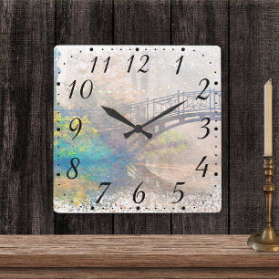 Scenic Watercolor Japanese Bridge Square Wall Clock
