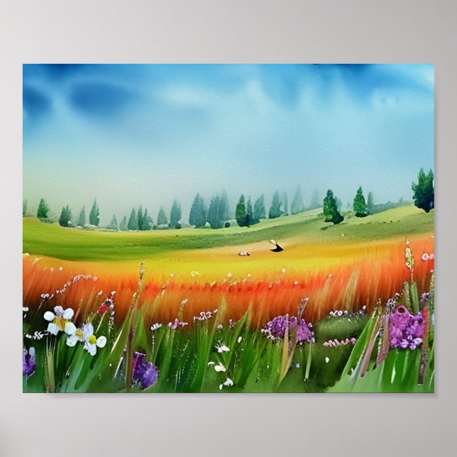 Scenic Watercolor Meadow  Poster (Front)