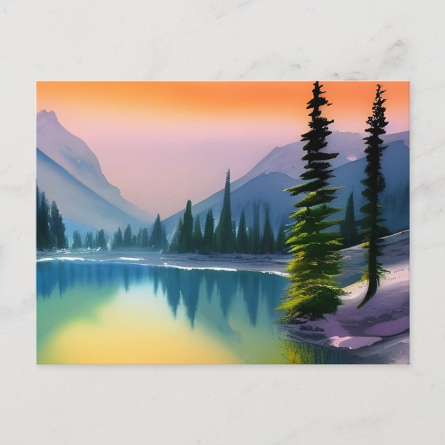 Scenic Watercolor Mountain Lake Reflection Postcard (Front)
