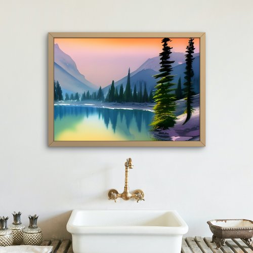 Scenic Watercolor Mountain Lake Reflection   Poster