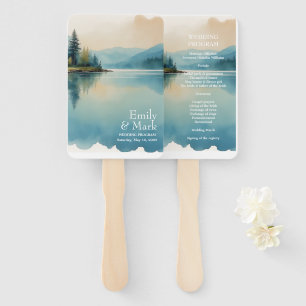 Scenic Watercolor Pine tree Lake Program Hand Fan
