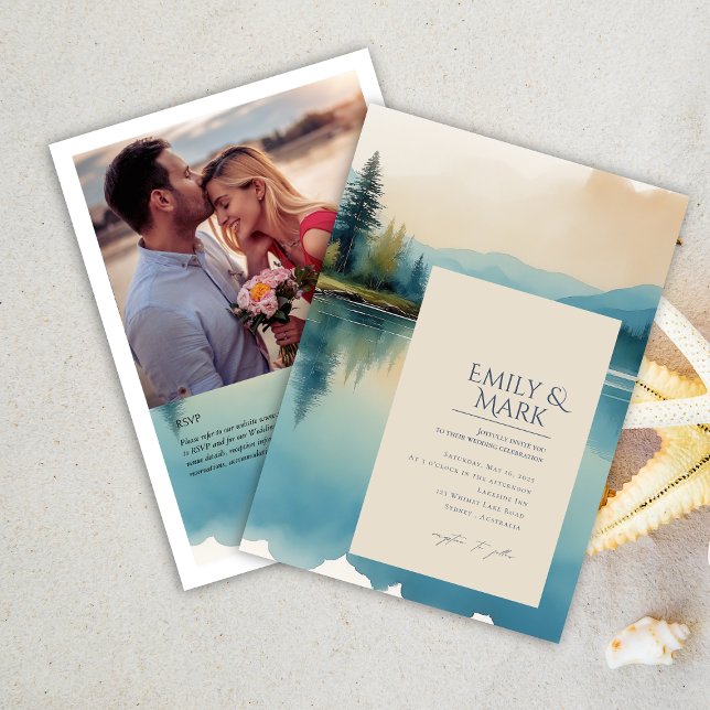Scenic Watercolor Pine tree Lake wedding invite (Creator Uploaded)