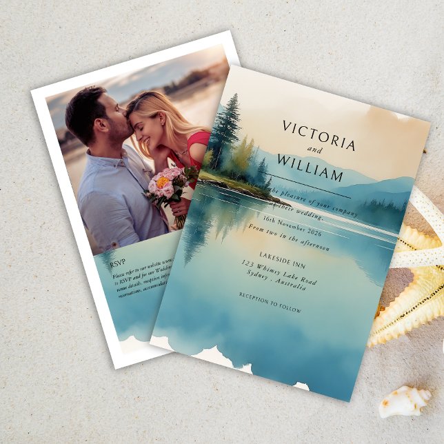 Scenic Watercolor Pine tree Lake wedding invite (Creator Uploaded)