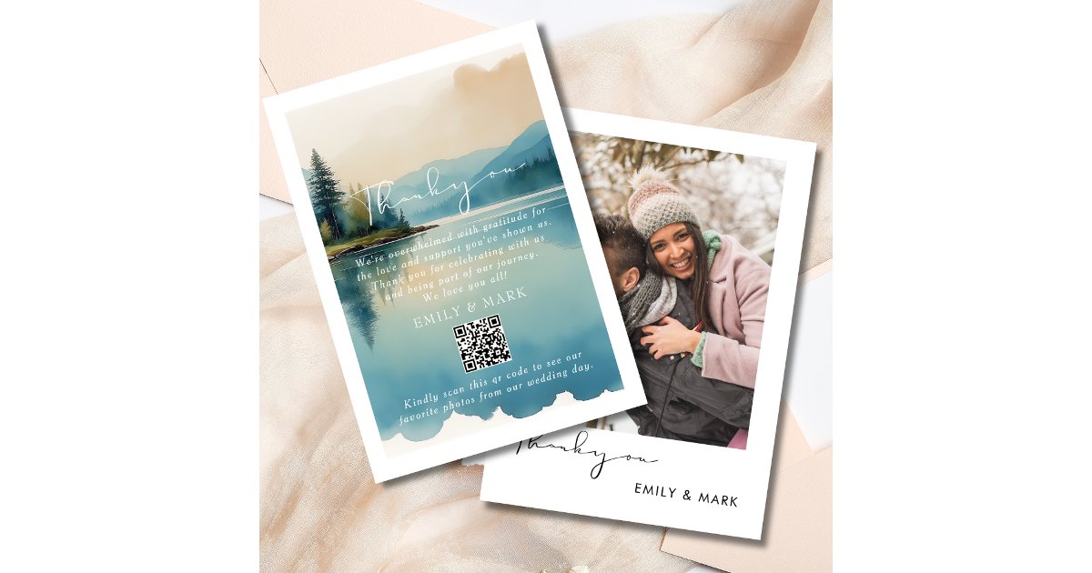 Scenic Watercolor Pine tree Lake wedding Thank You Card | Zazzle