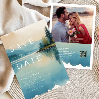 Scenic Watercolor Pine tree Lakeside Save the date Invitation