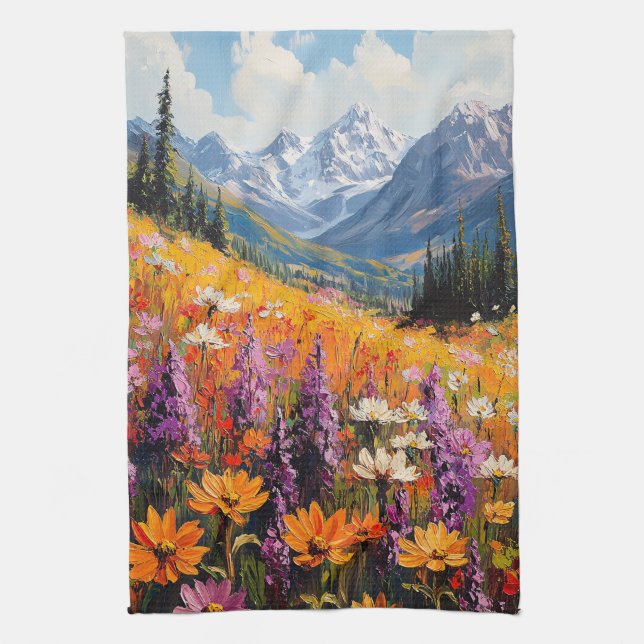 Scenic Wildflowers and Mountains Fine Art Kitchen Towel (Vertical)