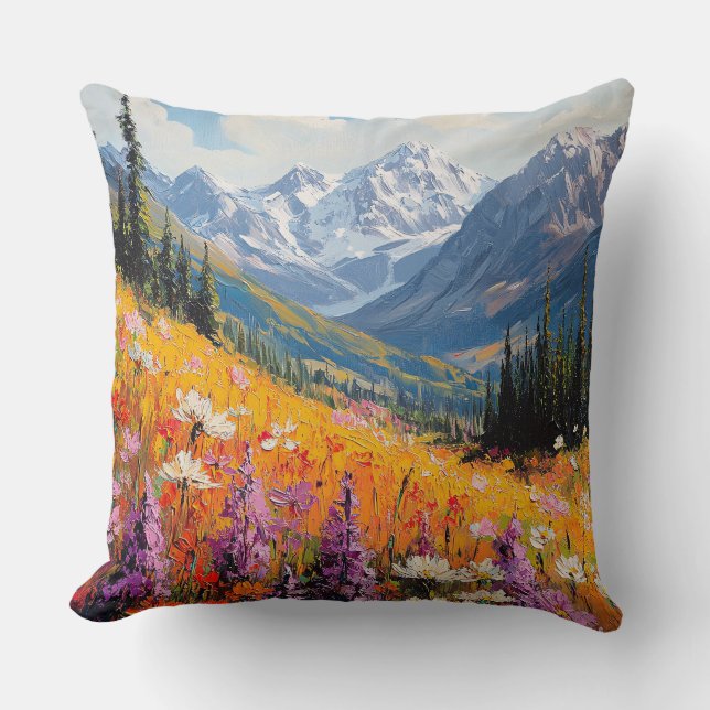 Scenic Wildflowers and Mountains Fine Art Throw Pillow (Front)