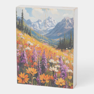 Scenic Wildflowers and Mountains Fine Art Wooden Box Sign