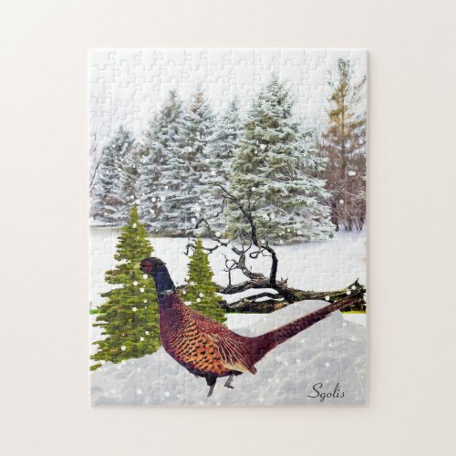 Scenic Winter Forest  with South Dakota Pheasant  Jigsaw Puzzle