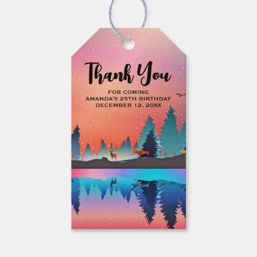 Scenic Winter Lake with Deer Birthday Gift Tags