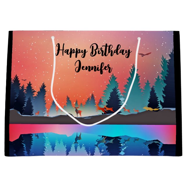 Scenic Winter Lake with Deer Birthday Large Gift Bag (Front)