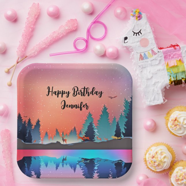 Scenic Winter Lake with Deer Birthday Paper Plates (Party)
