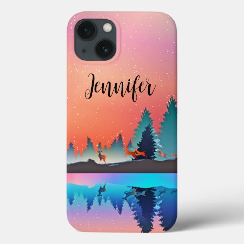  Scenic Winter Lake with Deer iPhone 13 Case