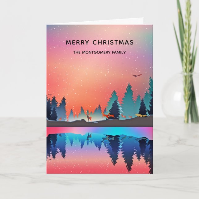 Scenic Winter Lake with Deer Christmas Card (Front)