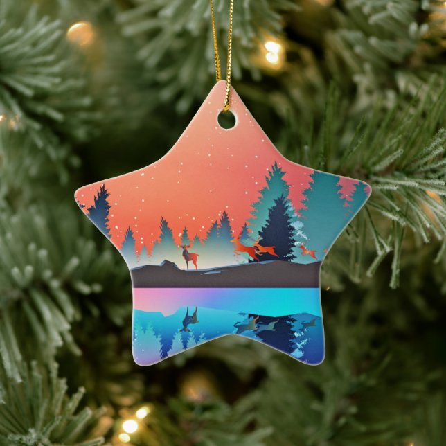 Scenic Winter Lake with Deer Christmas Ceramic Ornament (Tree)