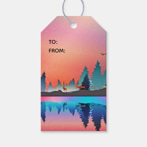 Scenic Winter Lake with Deer Christmas Gift Tags