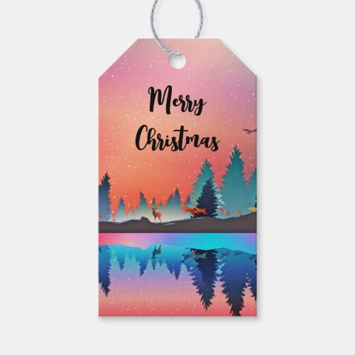 Scenic Winter Lake with Deer Christmas Gift Tags