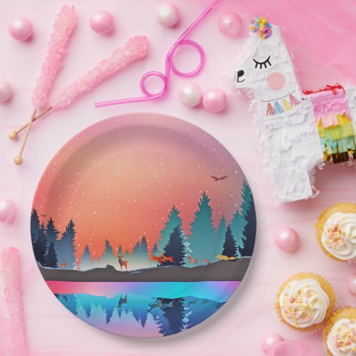 Scenic Winter Lake with Deer Christmas Paper Plates