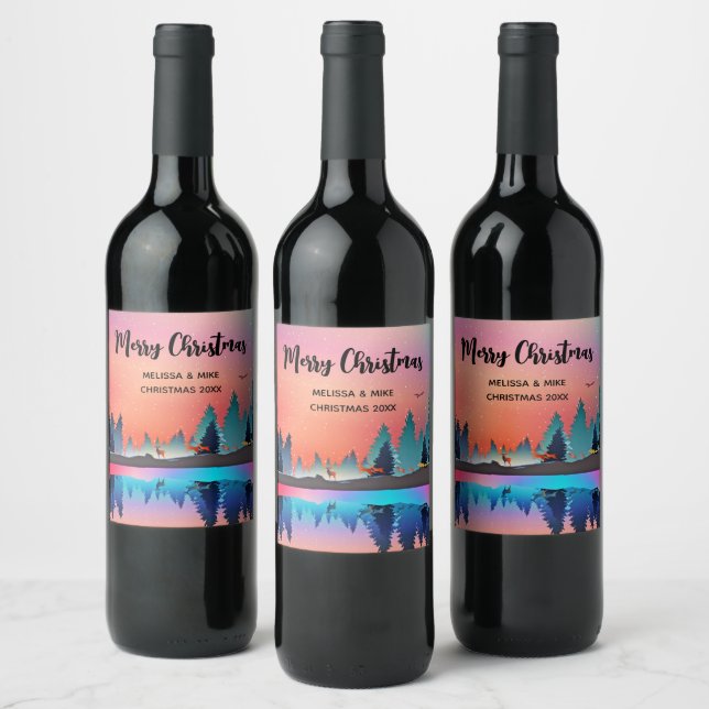 Scenic Winter Lake with Deer Christmas Wine Label (Bottles)
