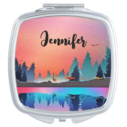 Scenic Winter Lake with Deer Compact Mirror