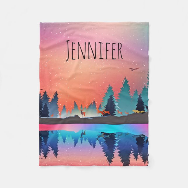  Scenic Winter Lake with Deer Fleece Blanket (Front)