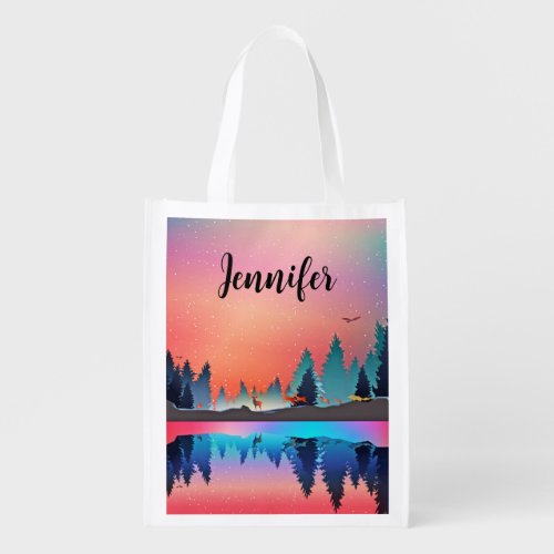 Scenic Winter Lake with Deer Grocery Bag