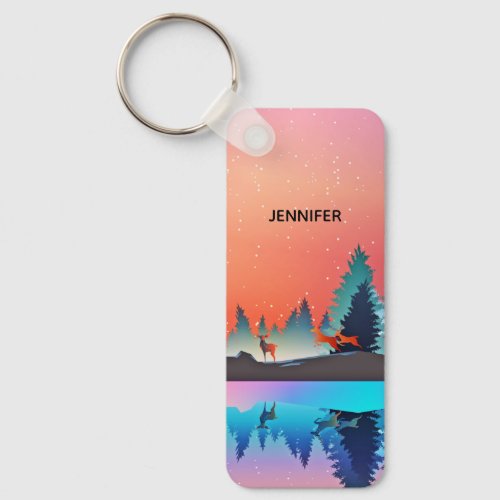Scenic Winter Lake with Deer Keychain
