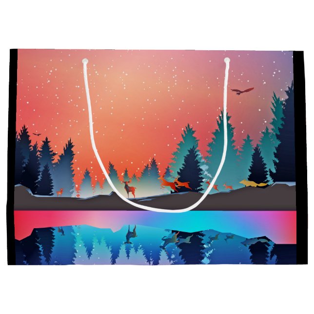 Scenic Winter Lake with Deer Large Gift Bag (Back)
