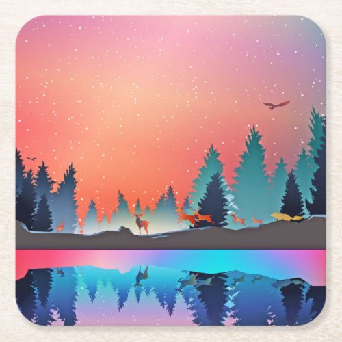 Scenic Winter Lake with Deer Square Paper Coaster