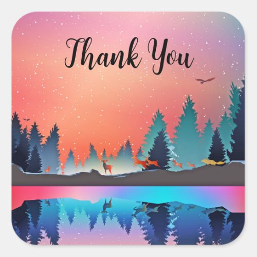 Scenic Winter Lake with Deer Thank You Square Sticker