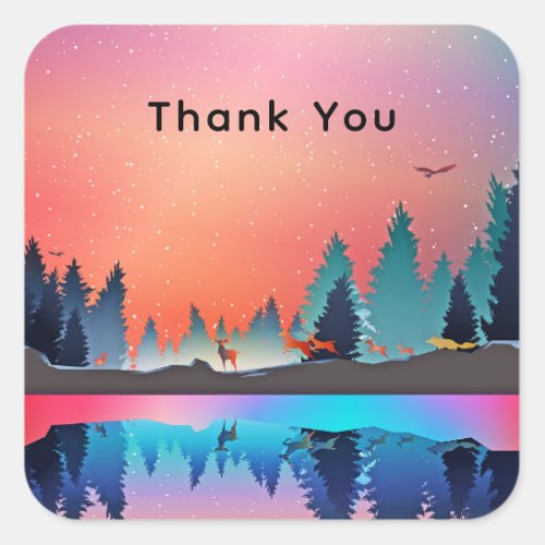 Scenic Winter Lake with Deer Thank You Square Sticker