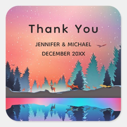  Scenic Winter Lake with Deer Thank You Square Sticker