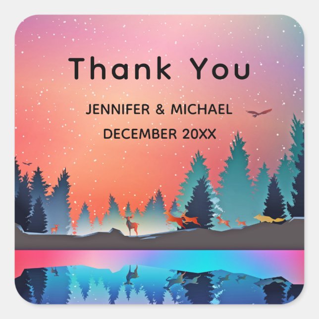  Scenic Winter Lake with Deer Thank You Square Sticker (Front)