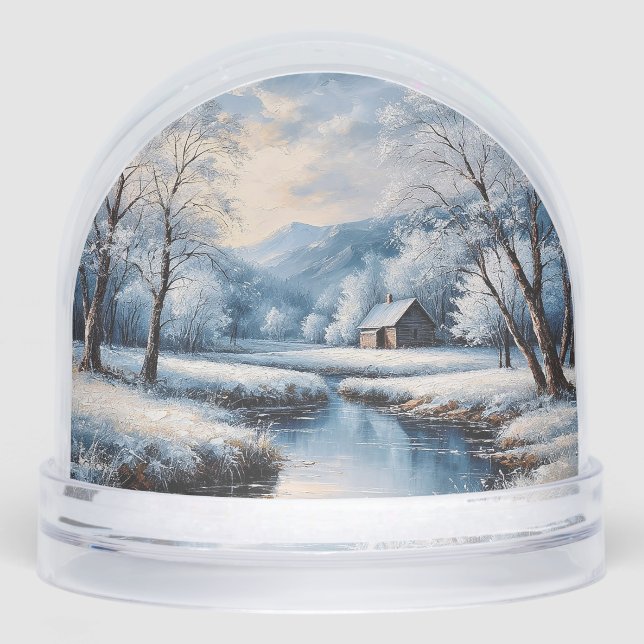 Scenic Winter Landscape Featuring Cabin and Stream Snow Globe (Front)