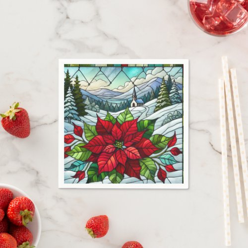 Scenic Winter Poinsettia Stained Glass Decoupage Napkins