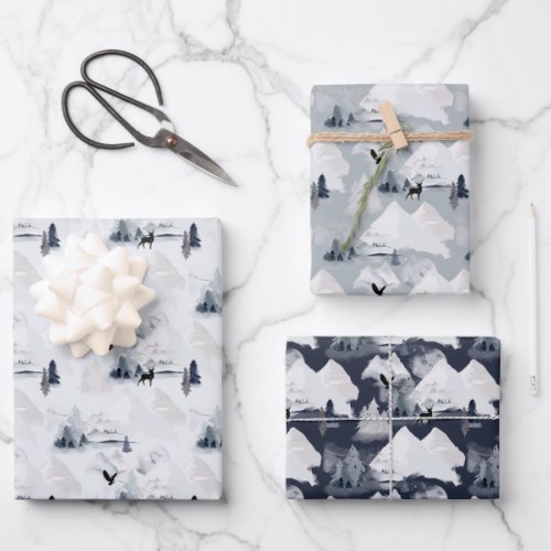 Scenic Winter Watercolor Stag Christmas Wrapping Paper Sheets