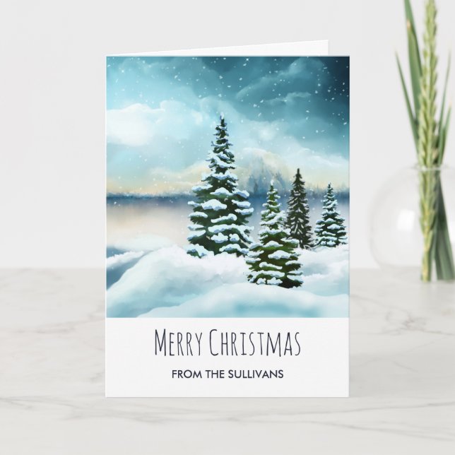 Scenic Winter Wonderland Watercolor Christmas Card (Front)