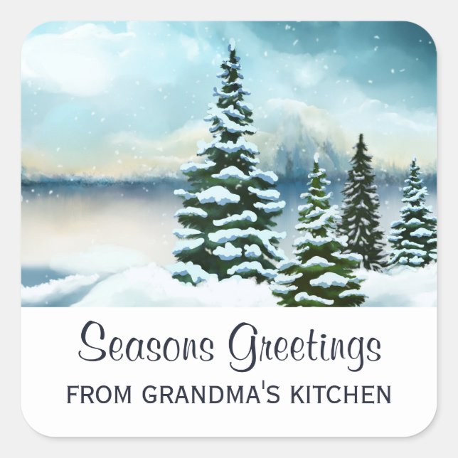 Scenic Winter Wonderland Watercolor Kitchen Square Sticker (Front)