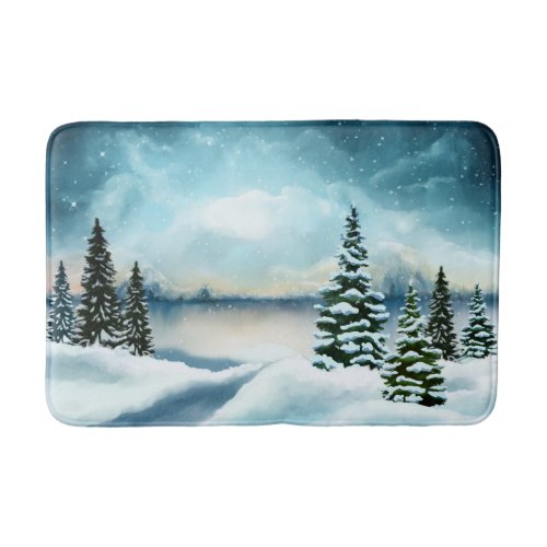 Scenic Winter Wonderland Watercolor Painting Bath Mat